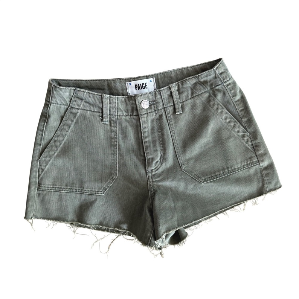 Paige Utility Cargo Cutoff Denim Shorts Olive Green Raw Hem High Rise Size 26